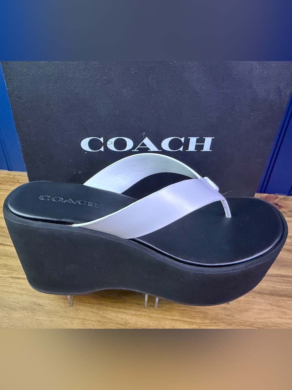 Coach Sculpted C Platform Flip Flops White Black Leather Wedge Size 10